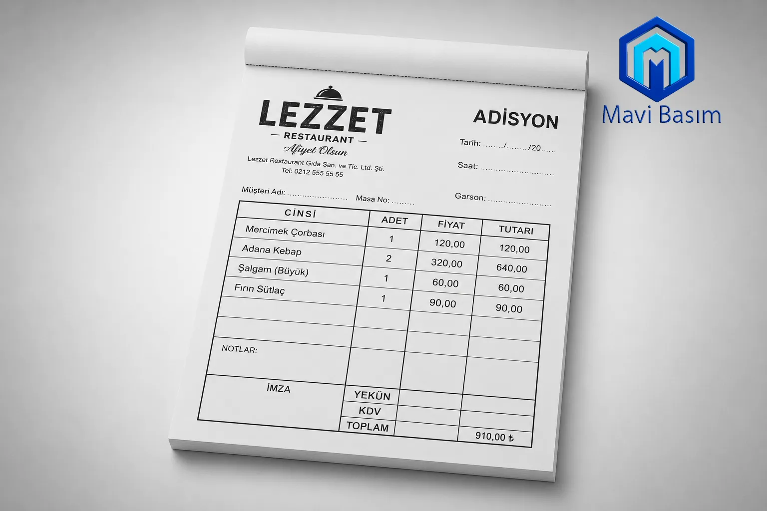 Adisyon koçanı baskı ve ebat örneği