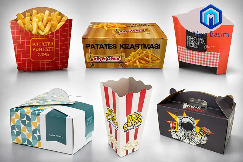 Patates, popcorn ve atıştırmalık servisi için baskılı karton kutular