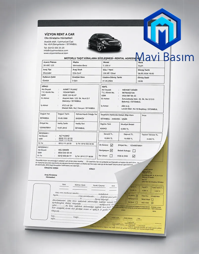 Araç, kiracı ve kefil alanları bulunan araç kiralama sözleşmesi