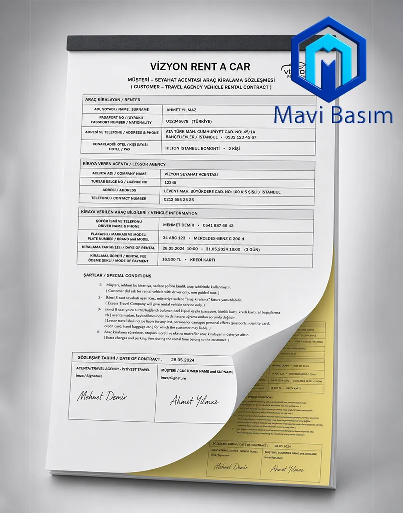 İmzalı rent a car sözleşmesi ve otokopili sarı sureti