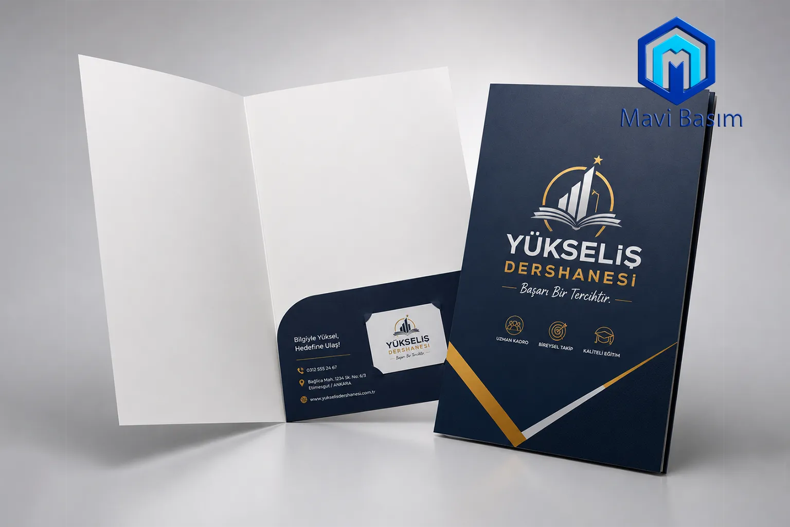 Kurumsal logo ve iletişim bilgileri bulunan cepli dosya örneği