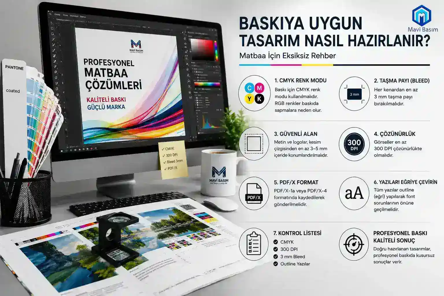 Matbaa Baskı Öncesi Dosya Hazırlama: CMYK Renk, 300 DPI ve Taşma Payı Rehberi - Mavi Basım Matbaa Rehberi