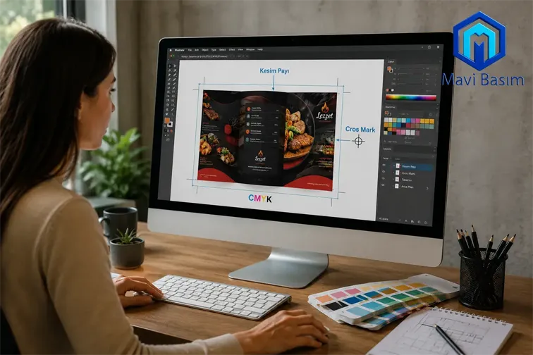 Bilgisayar ekranında grafik tasarım ve baskı hazırlığı